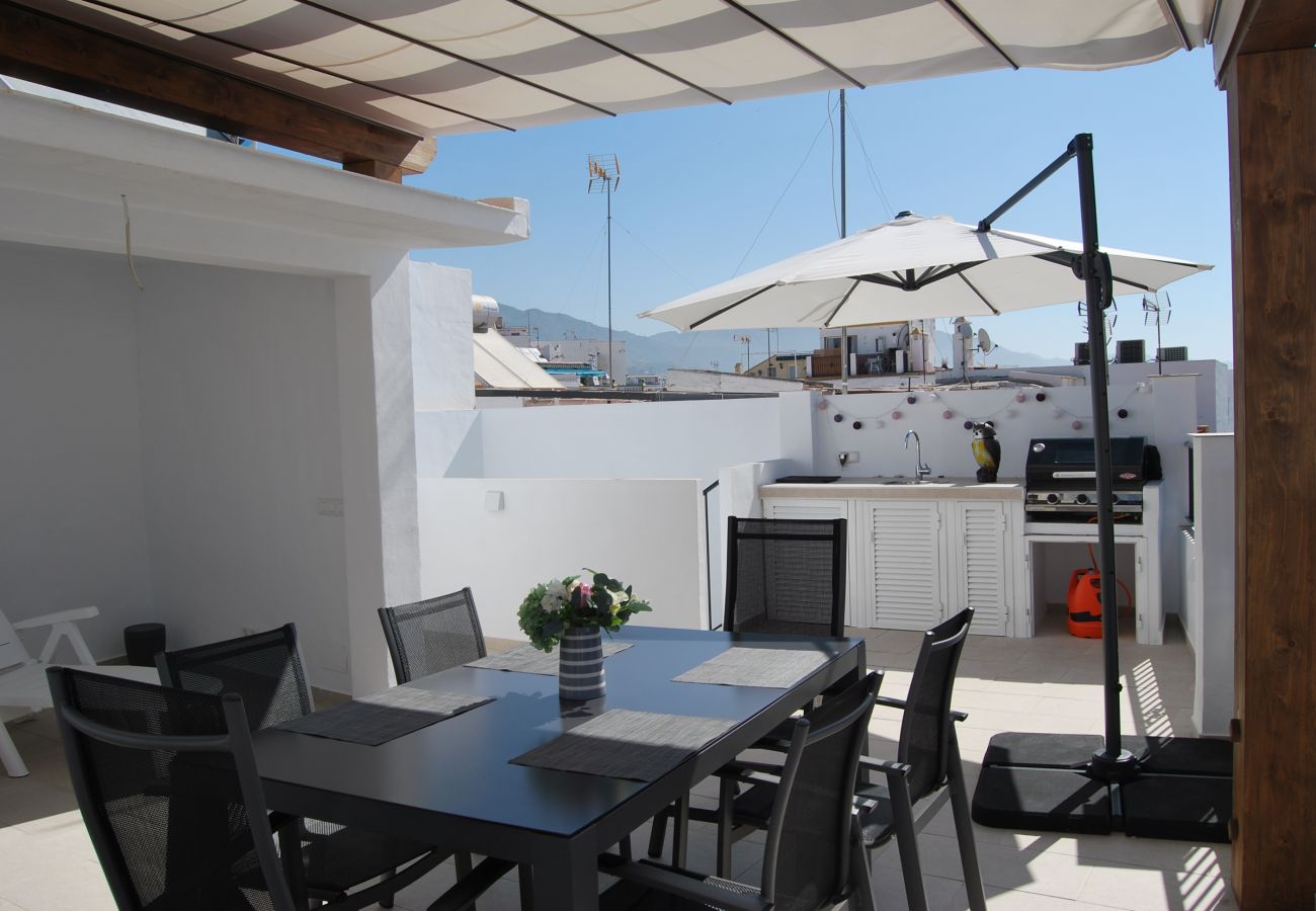 Roof top terrace with dining area and sun lounges